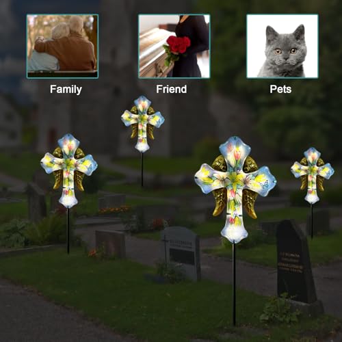 Solar Cross Garden Stake Lights,Metal Angel Wing & Acrylic Flowers Cross Solar Christmas Lights Outdoor,Waterproof Memorial Garden Decor for Cemetery,Grave,and Remembrance Gifts