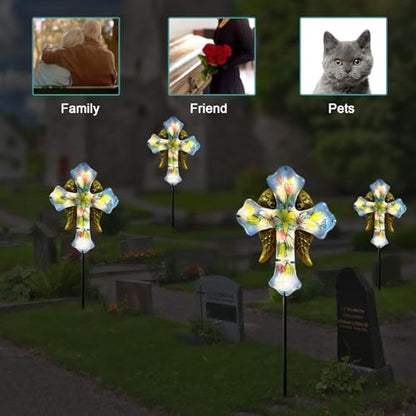 Solar Cross Garden Stake Lights,Metal Angel Wing & Acrylic Flowers Cross Solar Christmas Lights Outdoor,Waterproof Memorial Garden Decor for Cemetery,Grave,and Remembrance Gifts