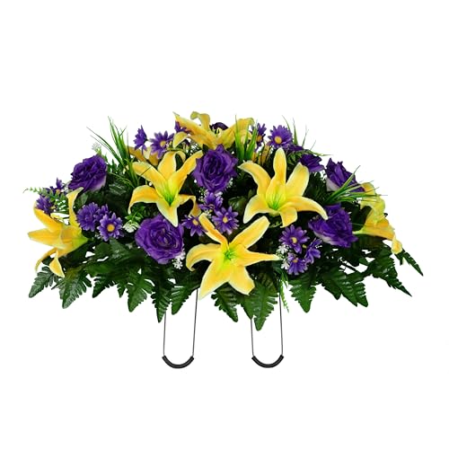 Sympathy Silks 30" Headstone Flower Saddle Artificial Cemetery Flowers - Gravesite Flowers - Yellow Lily with Purple Rose and Daisies - color: Yellow, size: Saddle