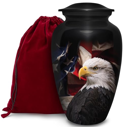 Patriotic Hearts Eagle Urn for Human Ashes | American Flag Cremation Urn for Adults, Veteran, Medium Size, Handmade Funeral Urns with Velvet Bag - color: Patriotic Heart, size: 1 Large Urn