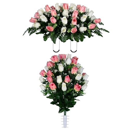 Sympathy Silks Artificial Cemetery Flowers - Gravesite Flowers - Cream Pink Roses - (1) Headstone Flower Saddle & (1) Matching Bouquet - color: Cream and White Roses, size: (1) Saddle (1) Bouquet