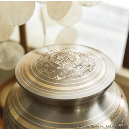 AspenStudio Platinum Brass Cremation Urn for Adult Human Ashes - Large Handcrafted Funeral Memorial Urns Brass Urn Capacity 225 lbs
