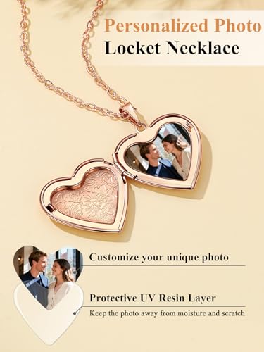 Custom4U Personalized Heart Locket Necklace with Pictures,Sunflower/Angel Wings/Heart Shaped Lockets Custom Photo,Gold/Rose Gold/White Lockets That Holds Picture,Customized Memorial Jewelry for Women - color: A-Heart-Rose Gold(Locket + Photo)