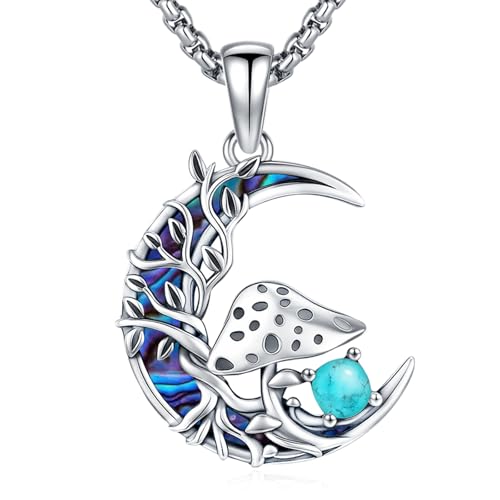 Sterling Silver Tree of Life Necklace for Women Oval Family Tree Necklace Abalone Shell Moonstone Pendant Mother Day Necklace for Mom Tree of Life Jewelry - style: Tree of Life-Mushroom-Turquoise