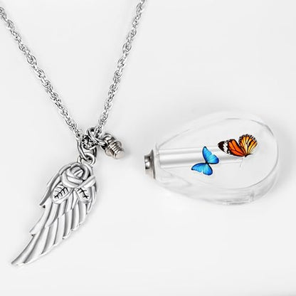 Teardrop Urn Necklace for Ashes, Resin Memorial Pendant with Keepsake | Teardrop Shape, Clear Resin Design, Nature Inspired Artwork, Screw Closure, Holds Ashes, Filling Kit & Box Included - color: Butterflies