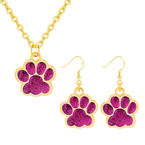 Dreuyet Paw Necklace and Earrings Set for Women Glitter Cute Dog Cat Pet Paw Print Pendant Necklace Earrings Lovely Animal Charm Jewelry Set Gifts - color: Gold Rose