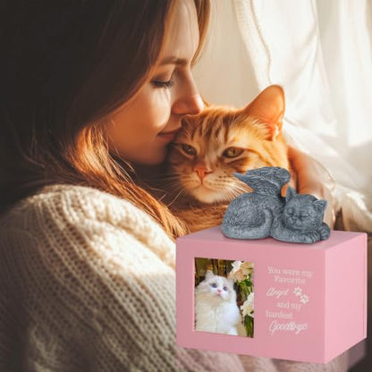 Cat Urns for Ashes, Pink Wooden Keepsake with Photo Frame