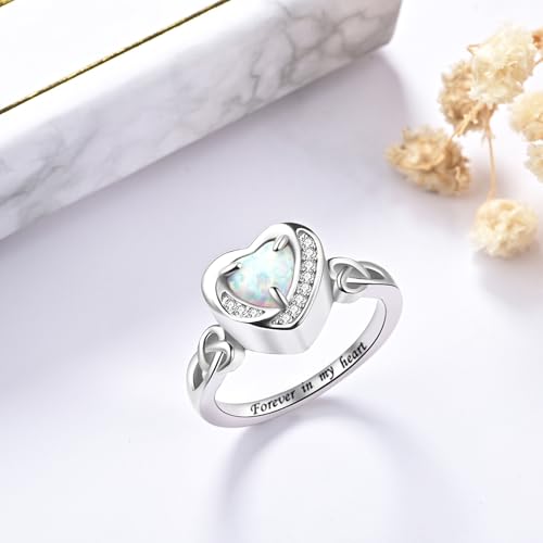 Heart Cremation Ring for Ashes - 925 Sterling Silver Teardrop Urn Keepsake Rings Memorial Jewelry for Women - style: Opal