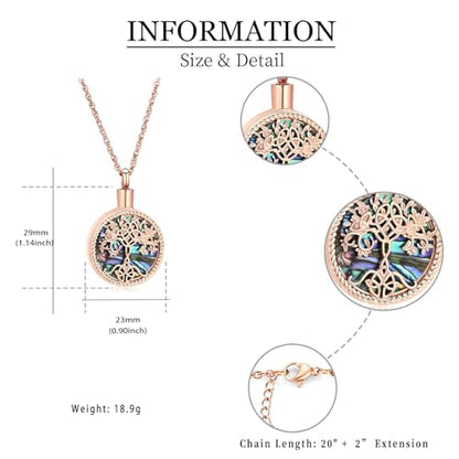 shajwo Cremation Jewelry Tree of Life Urn Ashes Necklace for Women Men Abalone shell Ash Pendant Keepsake Memorial Jewelry of Loved One - color: Rose Gold