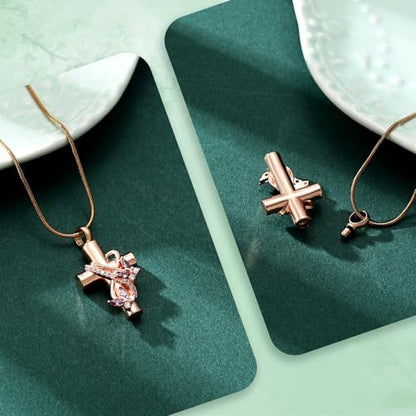 Butterfly Cross Cremation Jewelry Urn Necklaces Stainless Steel Cross Urn Necklaces for Ashes Memorial Keepsake Pendant for Women Gifts With Funnel Kit & Bag - color: Rose+Purple