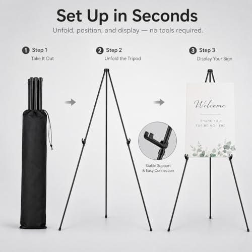 RRFTOK 63 Inch Easel Stand for Sign, Poster Stand and Wedding Sign | Instant-fold metal tripod with carry bag for welcome sign, poster display, foam board and floor use - style: 63B