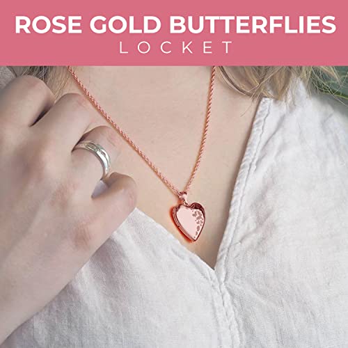 PicturesOnGold.com Personalized Heart Shaped Butterflies Photo Locket Necklace - 3/4 inch x 3/4 inch - Includes 18 inch Chain - Custom Engraved Picture Locket Necklace for Women - style: Rose Gold - Locket + 2 Photos + Engraving