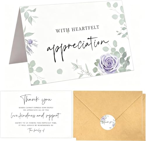 50 funeral thank you cards with envelopes and message inside 4×6 Inches，Sympathy Thank You Cards Notes for Funeral Bereavement - color: Purple