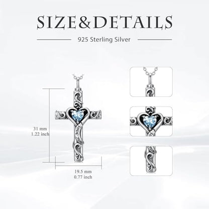 TOUPOP Cross Urn Necklaces for Ashes Birthstone Cremation Jewelry 925 Sterling Silver Cross Memorial Keepsake Jewelry for Women (with Funnel Filler) - color: 03-March-Aquamarine