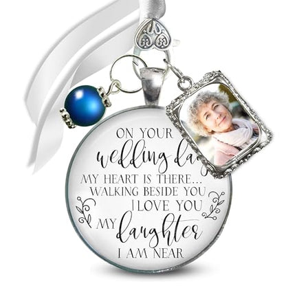 Gutsy Goodness Bouquet Charm On Your Wedding Day Memorial Honoring Mom Dad Grandma Grandpa Meaningful Bridal Floral Jewelry Silver Finish Pendant Bride's Flowers Photo Frames Parent Grandparent - color: Blue Bead, style: My Daughter | 1 Frame