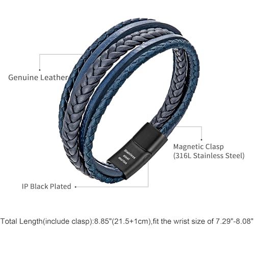 Mens Leather Bracelet with Clasp Cowhide Multi-Layer Braided Leather Mens Bracelet - style: Blue Rope&Black Clasp 8.7