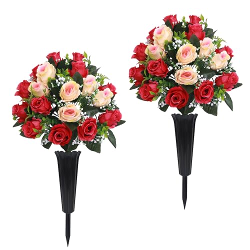 Lodou Set of 2 Artificial Cemetery Flowers, Memorial Flowers Bouquet,Grave Memorial Flowers with Vase for Cemetery Headstones Decoration (Rose red Beige) - color: Rose Red Beige