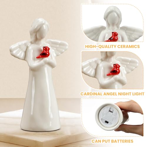 Riakrum Ceramic Cardinal Guardian Angel Night Light Figurine | Willow Messenger LED Ceramic with Wings Faith Decor for Sympathy Gifts, with Lighting Gift for Birthday - style: Cardinal