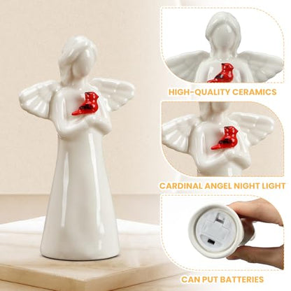 Riakrum Ceramic Cardinal Guardian Angel Night Light Figurine | Willow Messenger LED Ceramic with Wings Faith Decor for Sympathy Gifts, with Lighting Gift for Birthday - style: Cardinal