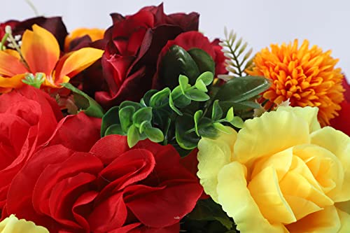 Headstone Flower Saddle,Large Artificial Cemetery Flowers for Grave-Realistic Red & Yellow Rose Mix Arrangement,Outdoor Memorial Decorations,Durable & Easy Fit