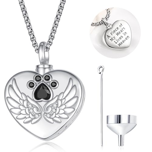 TANGPOET Paw Print Urn Necklace For Pet Ashes, Dog Cat Ashes Necklace for Men Women, 925 Sterling Silver Cremation Keepsake Memorial Jewelry Gifts - style: Heart