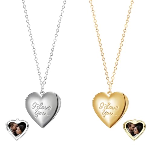 2Pcs Personalized Photo Locket Necklace Set for Women Men Exquisite Gold Silver Heart Locket That Holds 2 Pictures Valentine's Day Thanksgiving Anniversary Birthday Gifts - style: Style B
