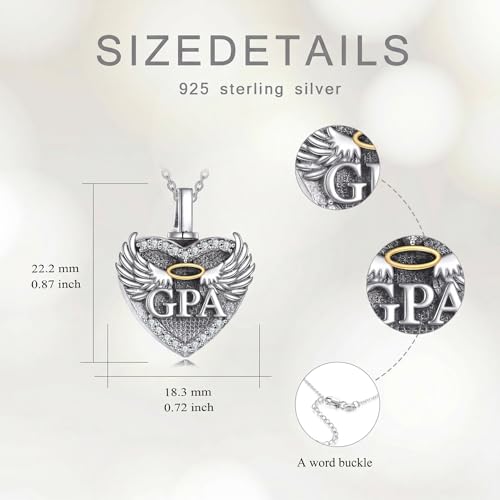 Family Members Urn Necklace for Ashes 925 Sterling Silver Angel Wings Heart Cremation Memorial Keepsake Pendant Jewelry for Loved One's Ashes, with 18" + 2" Stainless Steel Chain - style: Heart-Grandpa
