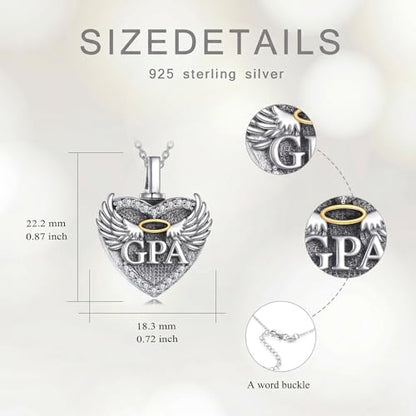 Family Members Urn Necklace for Ashes 925 Sterling Silver Angel Wings Heart Cremation Memorial Keepsake Pendant Jewelry for Loved One's Ashes, with 18" + 2" Stainless Steel Chain - style: Heart-Grandpa