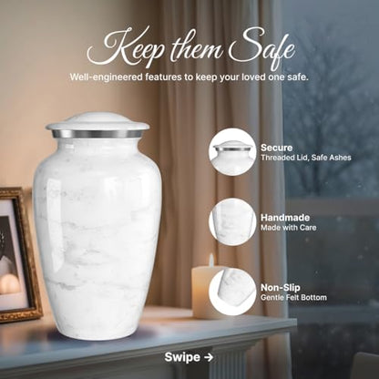 Set of 6 Custom Engraved Plaque Cremation Urns for Human Ashes Includes 1 Large Urn with 4 Small Keepsakes & 1 Silver Necklace - White Marble - color: White Marble - Plaque