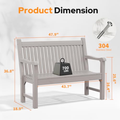 2-Person Outdoor Bench with 700 Lbs Weight Capacity, Grey | Poly Lumber Weatherproof Garden Bench Seating for Porch, Balcony and Park, All-Weather Patio Bench Furniture - color: Grey