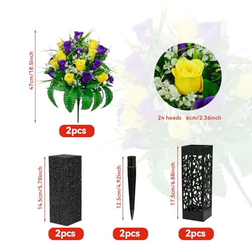 2 Sets Artificial Cemetery Flowers For Grave 24 Heads Flowers For Cemetery - color: Yellow + Purple