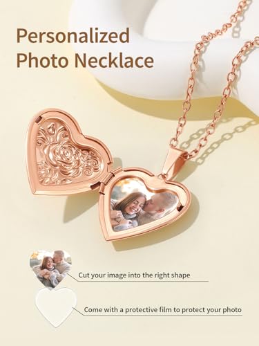 FindChic Locket Necklace for Women Custom Photo Memorial Gifts Multi-Shaped - color: Rose-Embossed Heart