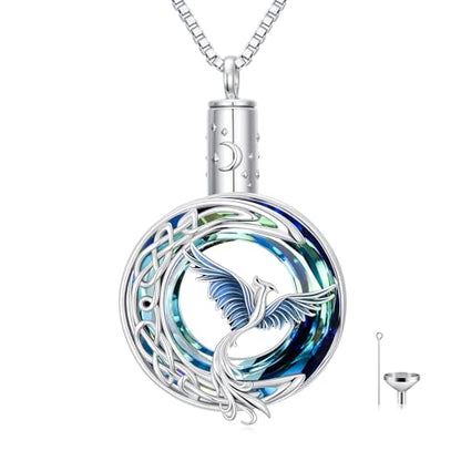 TOUPOP Phoenix Urn Necklace Cremation Jewelry for Ashes 925 Sterling Silver Crystal Phoenix Pendant with Funnel Filler Memorial Jewelry Gifts for Women - color: 02-Blue Phoenix