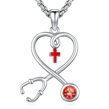 Angel Wings Necklace 925 Sterling Silver Guardian Angel Nurse RN Caduceus Pendant Charm Crystal Angel Jewelry Gifts for Women - style: H-Stethoscope-07-Jul.-Red