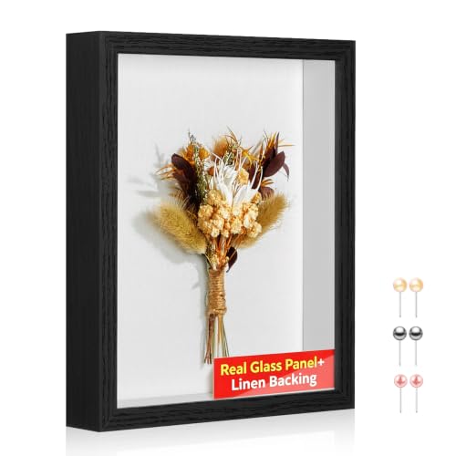 11x14 Shadow Box Picture Frame with Real Glass Panel and Linen Back | With Push Pins and Stand, Deep 1.5" Black Shadow Box Display Case – Display on Tabletop or Wall for Photo, Wedding, Keepsake - color: Black + Thickened Panel + Foam Packaging, size: 11x