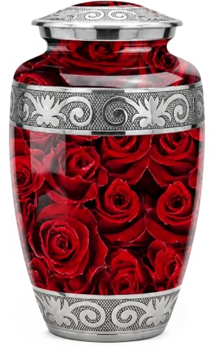 Cremation Urns for Human Ashes Adult Female & Male - Red | Handcrafted Metal Rose Print, Secure Threaded Lid & Velvet Bag, Holds Ashes Upto 200 Cu In - color: Red