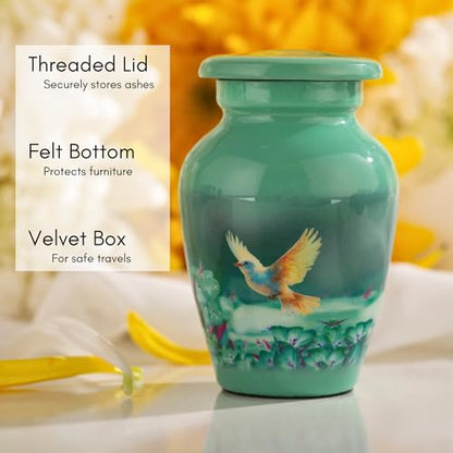 Small Keepsake Cremation Urn for Ashes - Beautiful Mini Memorial Urn with Velvet Box & Bag - color: Green