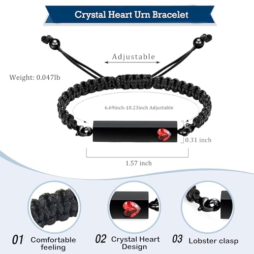 Hearbeingt Crystal Heart Cremation Jewelry Bar Urn Bracelet for Ashes - color: Black-Red