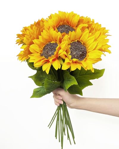 10PCS Sunflowers Artificial Flowers, Silk Sunflower Decor with Stem | Silk Fake Sunflowers with Long Stem, Fake Flowers Floral Arrangements, Home Table Centerpiece Wedding Fall Decor, DIY Bouquet - color: Yellow