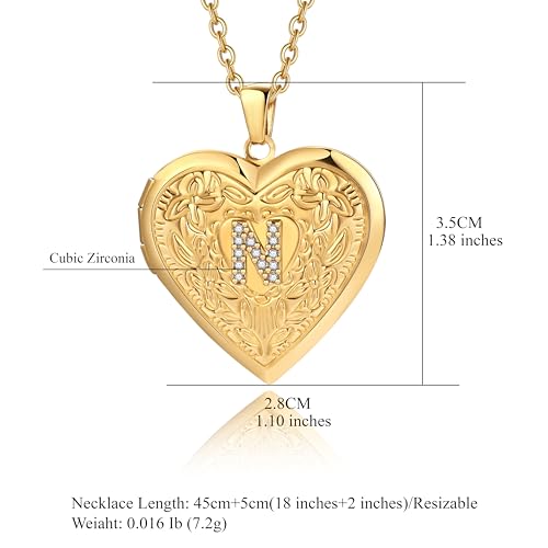 Badu Gold Initial A-Z Necklace for Women Heart Photo Lockets that Hold Picture Love Image Cubic Zirconia Necklace - color: N