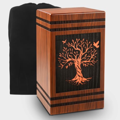 Wooden Cremation Urns for Human Ashes Adult Man Woman, Decorative Urns for Ashes Adult Male Female with Satin Bag, Large Burial Funeral Urn Box Holds 300 Cubic Inches (Tree of Life)