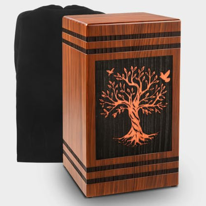Wooden Cremation Urns for Human Ashes Adult Man Woman, Decorative Urns for Ashes Adult Male Female with Satin Bag, Large Burial Funeral Urn Box Holds 300 Cubic Inches (Tree of Life)