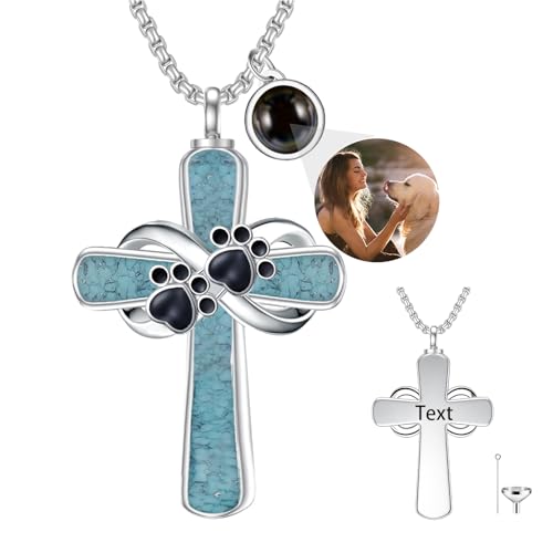 Turquoise Cross Urn Necklaces for Human Ashes 925 Sterling Silver Urn Necklaces Cremation Keepsake Memorial Pendant Necklace for Ashes for Loved One Human Pet - style: Paw Print&Black-Text&photo