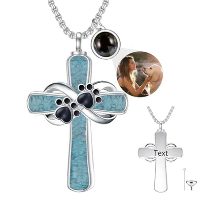 Turquoise Cross Urn Necklaces for Human Ashes 925 Sterling Silver Urn Necklaces Cremation Keepsake Memorial Pendant Necklace for Ashes for Loved One Human Pet - style: Paw Print&Black-Text&photo