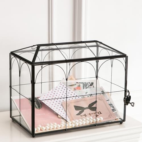 Wedding Card Box with Slot, 10.2'' Large Glass Card Boxes for Reception, Black Geometric Holder, Clear Decorative Storage Box with Lock for Baby Shower, Birthday Party, Christmas, Bridal Shower - color: Black 10.2'' with arch