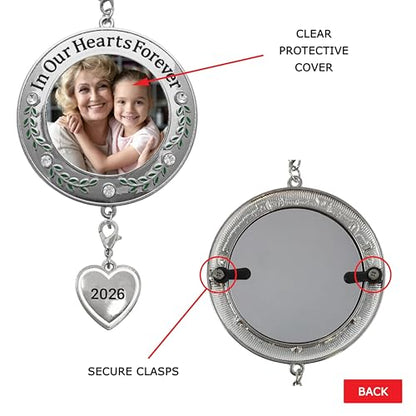 Memorial Christmas Photo Ornaments 2026, Set of 2 Remembrance Keepsakes with in Our Hearts Forever Sentiment, Clear Gems, Floral Accents, Dove Hooks and Gift Storage Bags, Holds 2 Inch Photos, 3 Inch - size: 2 Pack