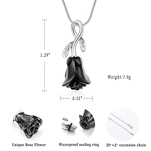 Rose Flower Cremation Urn Necklace for Ashes Stainless Steel Memorial Cremation Ash Jewelry Keepsake Pendant Necklace for Women Girl - color: Black