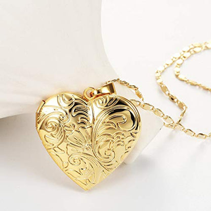 YOUFENG Locket Necklace that Holds Pictures Flower Lockets Pendant Necklaces Birthday Gifts Jewelry - color: GoldHeart