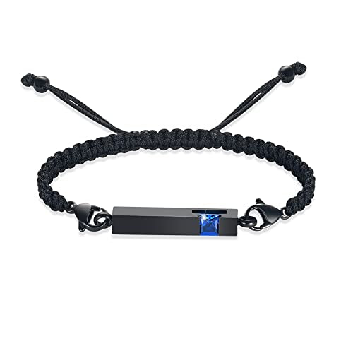 constantlife Birthstone Crystal Cube Urn Bracelet for Ashes Braided Rope Adjustable Bangle Cremation Memorial Jewelry Loved Ones Funeral Keepsake Gift for Women Men - color: Black-Blue