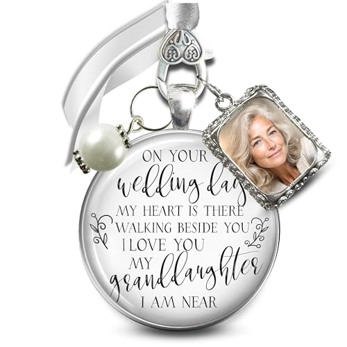 Gutsy Goodness Bouquet Charm On Your Wedding Day Memorial Honoring Mom Dad Grandma Grandpa Meaningful Bridal Floral Jewelry Silver Finish Pendant Bride's Flowers Photo Frames Parent Grandparent - color: White Bead, style: My Granddaughter | 1 Frame